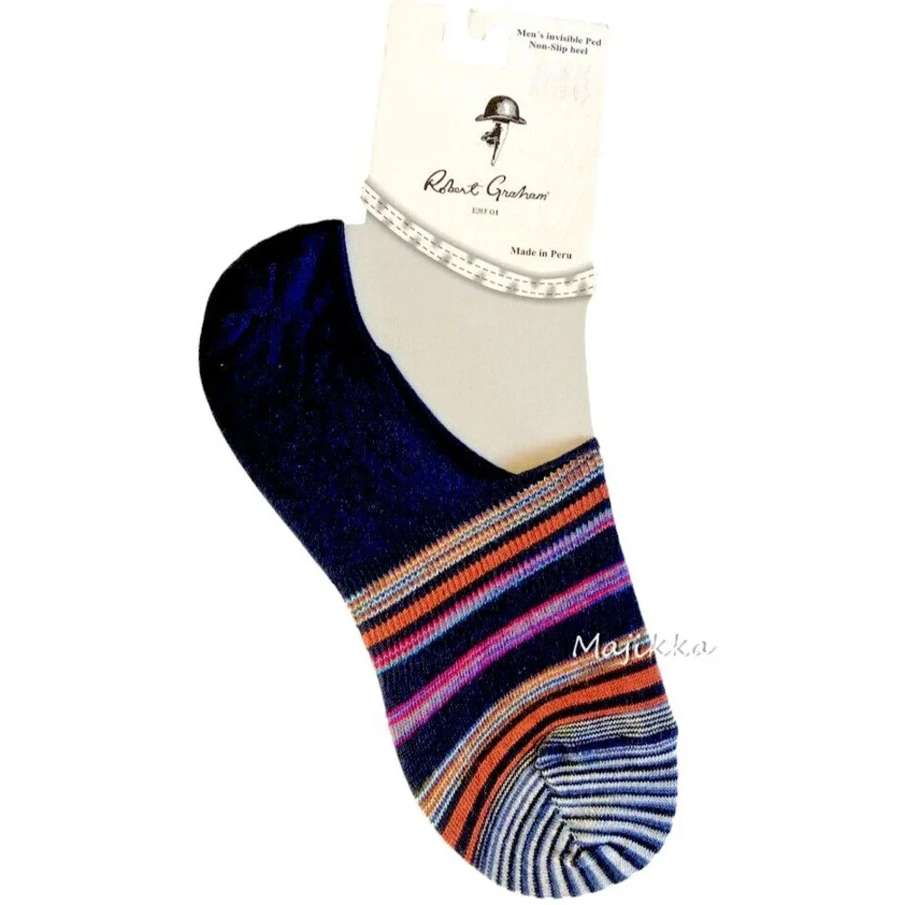 Robert Graham Mens No Show Cotton Socks Anafesto Peds Non-Slip Heel Stripe Navy